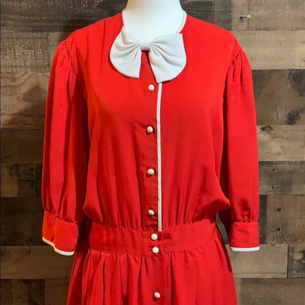 Vintage Nipon Red Shirt Dress Sleeves White Bow Business Dressy Professional 12